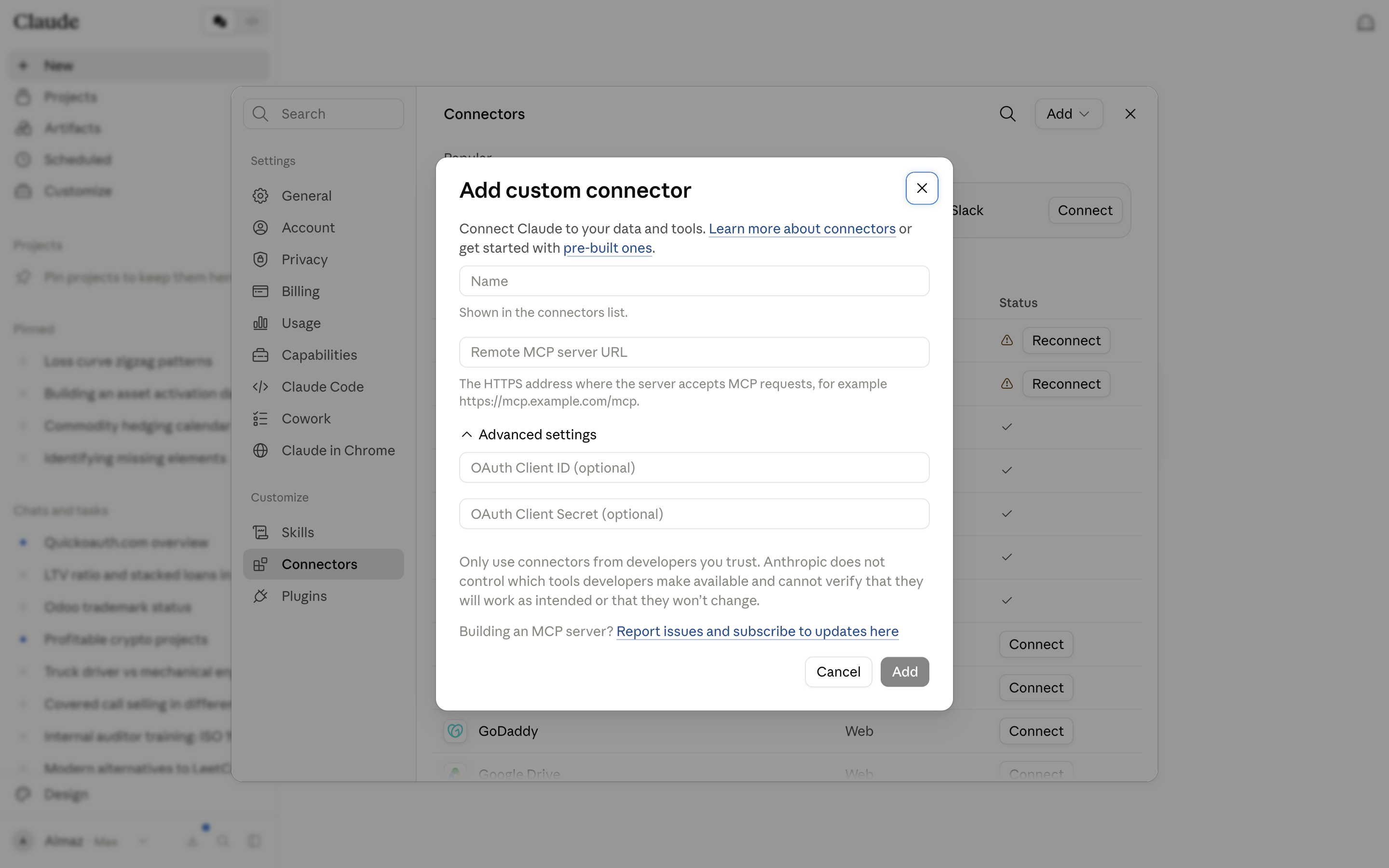 Actual Claude Add custom connector dialog with Name, Remote MCP server URL, and optional OAuth fields