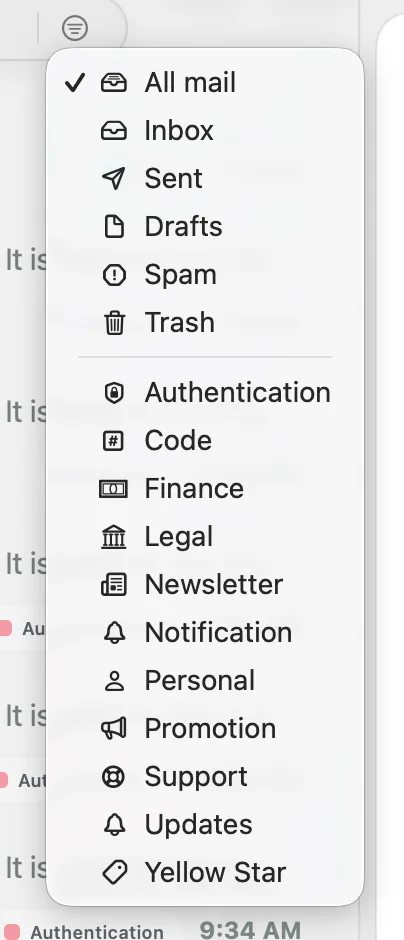 Banger mailbox filter menu showing distinct icons for system folders and AI-applied categories