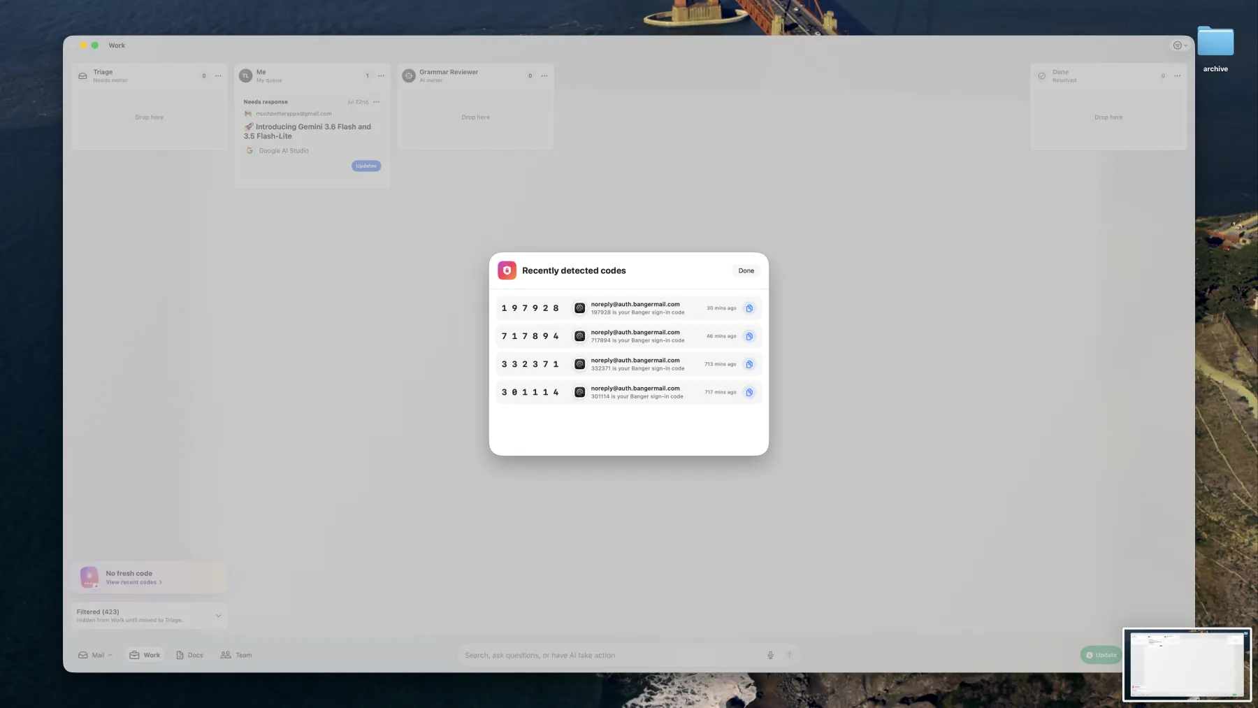 Banger's Recently detected codes dialog with four code emails and copy buttons