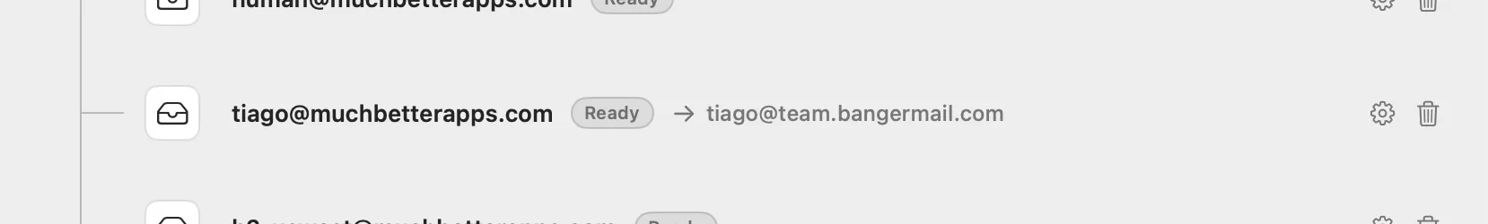 Banger mailbox setup showing a ready mailbox and its forwarding destination
