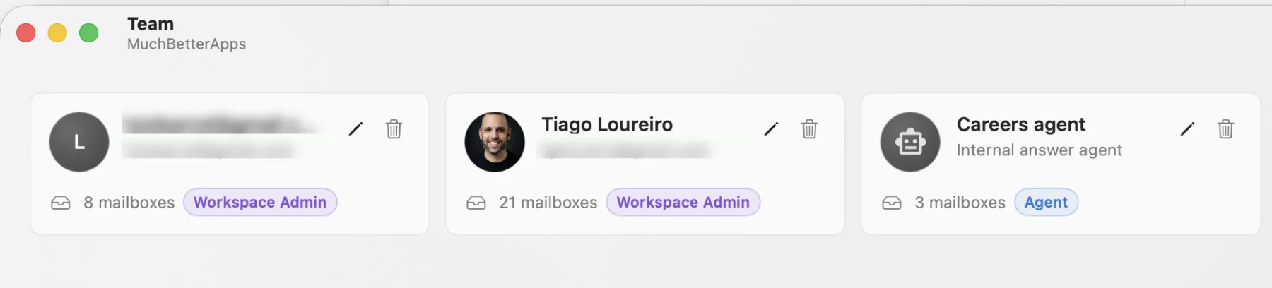 Banger Team view showing cards for workspace members and an internal agent