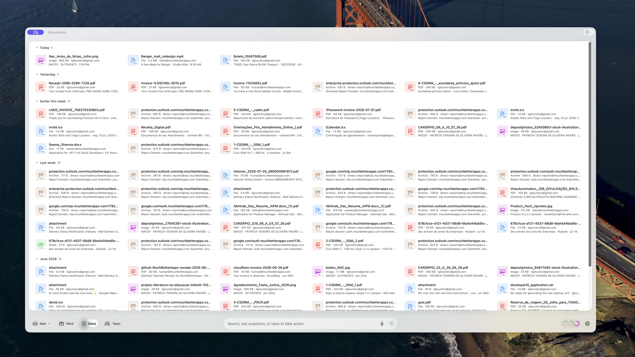 Live Banger Documents browser on a macOS desktop showing email attachments grouped by date.