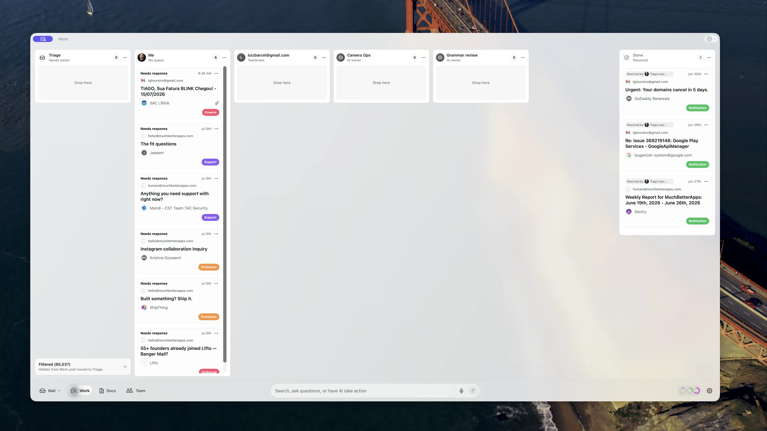 Banger’s Work board showing filtered, triage, owned, and done work