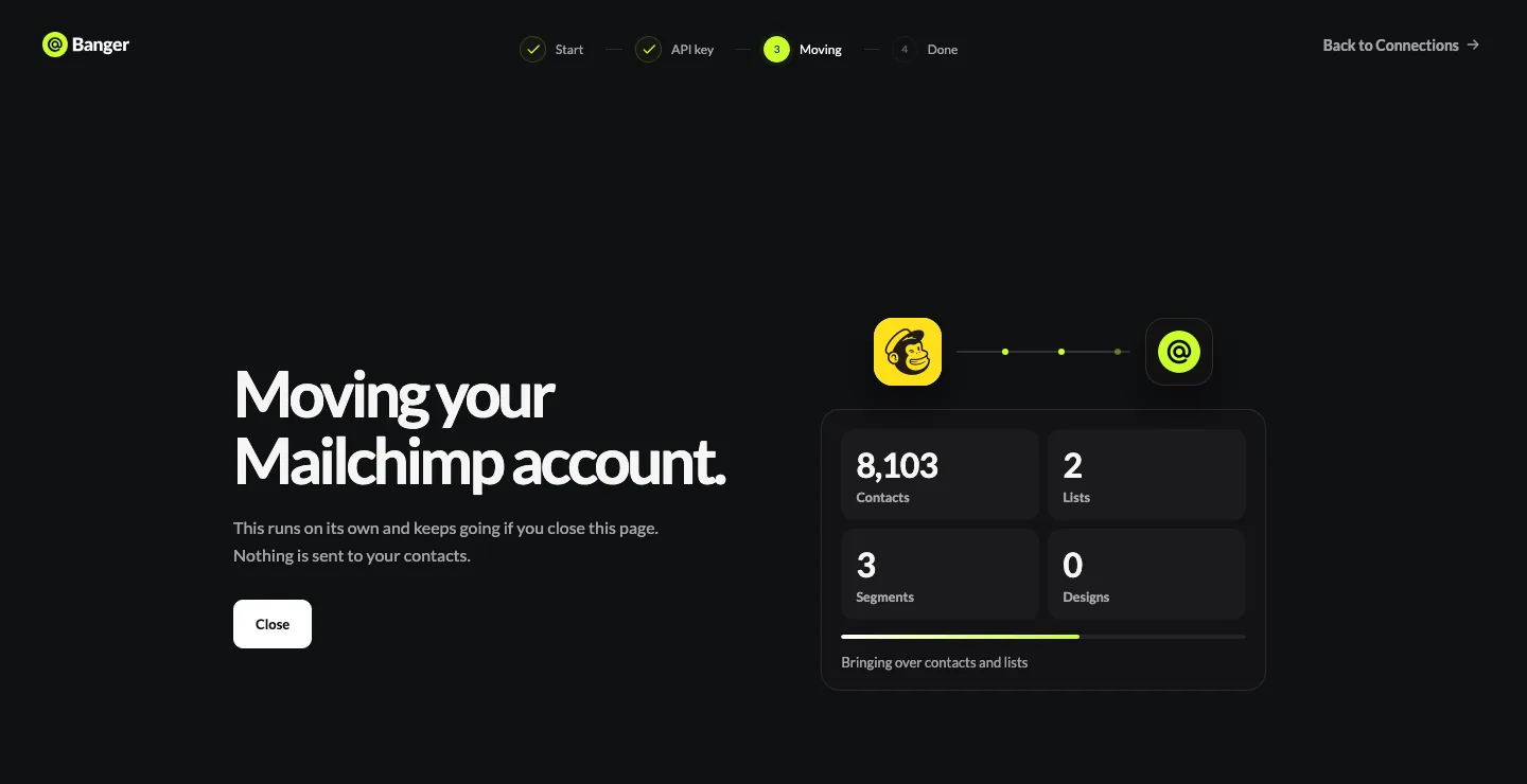 Banger importing a Mailchimp account: contacts, lists, segments and designs counting up
