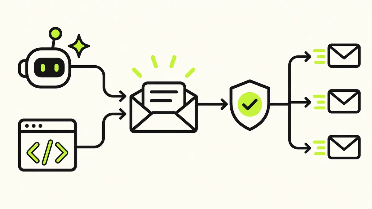 An agent and an API connect to a shared email hub, with a separate review gate for outgoing work.