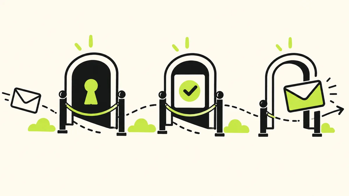 A keyhole gate, human review card, and delivery envelope mark separate boundaries along an email path.