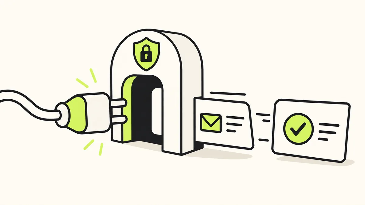 A connector enters a secure gateway, followed by a draft and a separate review card.