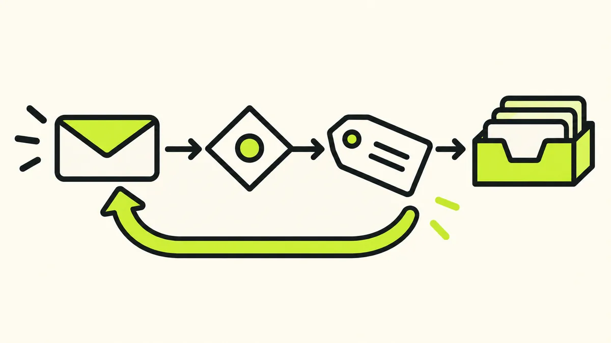 A message passes a condition check toward a label and archive tray, with an undo path returning to the message.