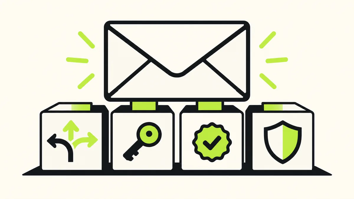 Four foundations represent receiving routes, sender authorization, signatures, and policy beneath a company email envelope.