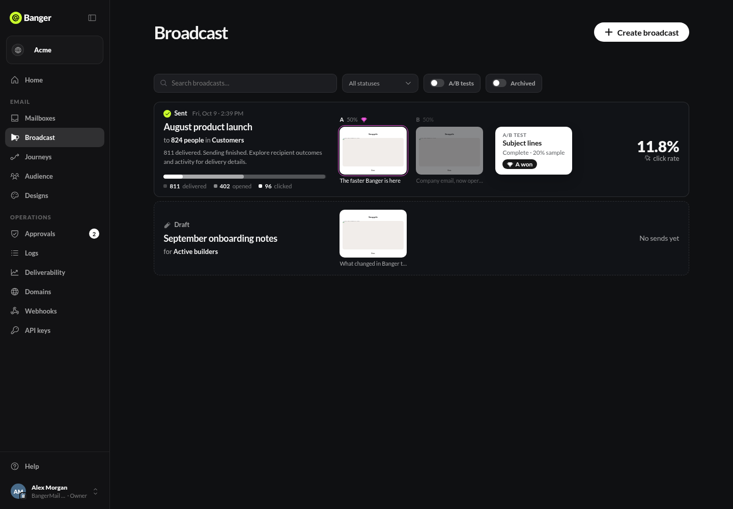 Broadcast list showing a sent announcement and a draft.