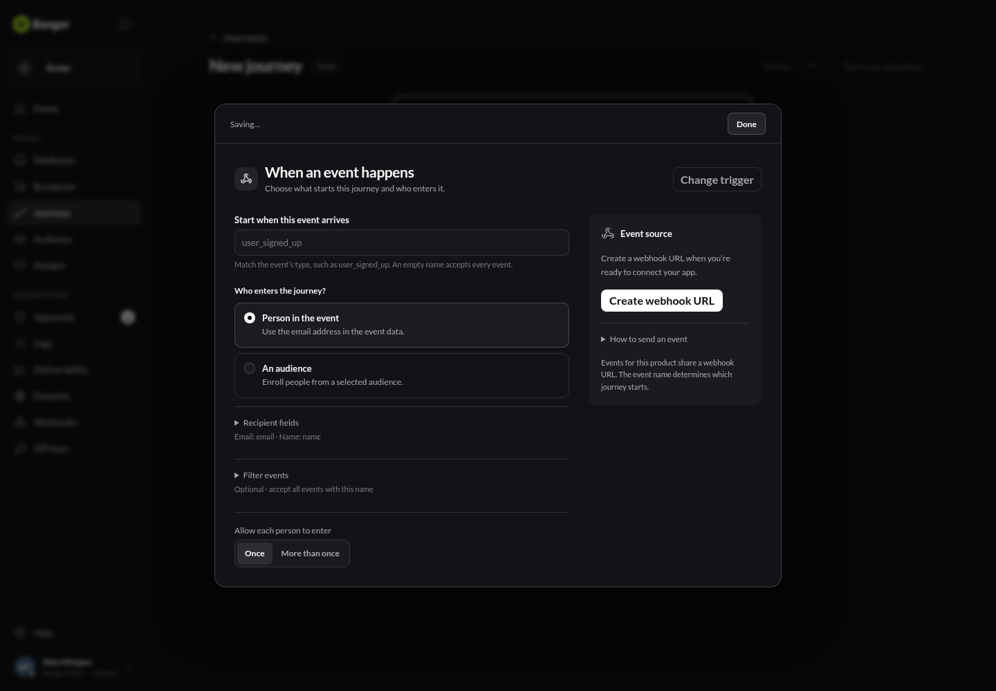Event trigger inspector showing event name, recipient mapping, filters, re-entry, and webhook connection.