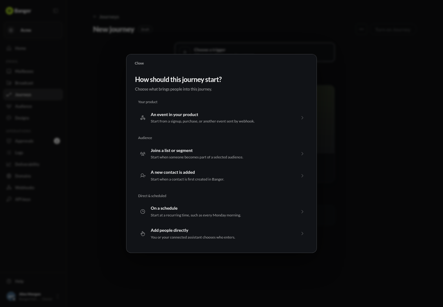 The actual Journey trigger picker, with five visible starting choices.