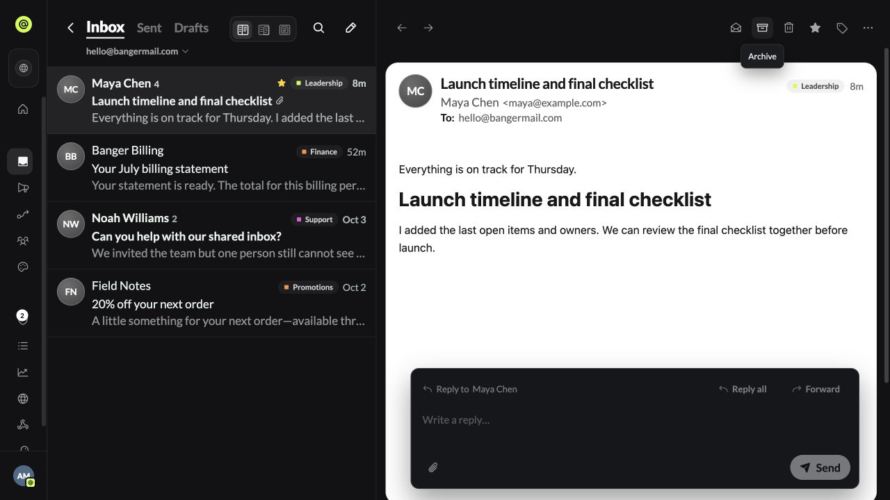 Mailbox in split view with a sample conversation, archive and label actions, Reply all, Forward, and reply box.
