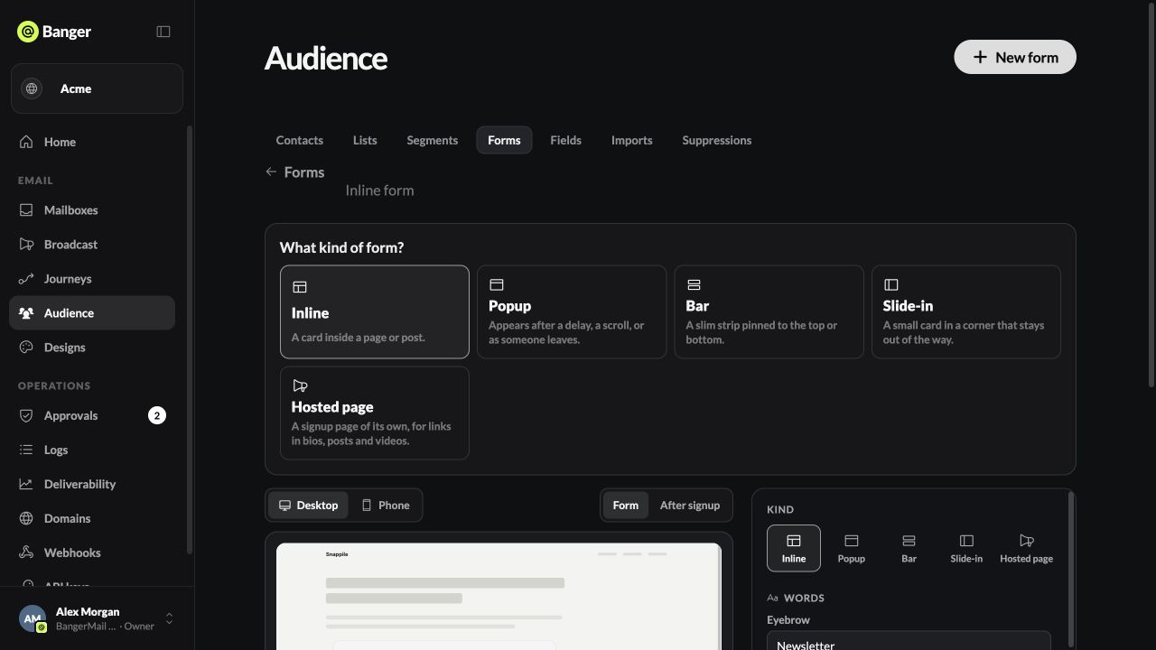 Signup-form editor with form types, preview, words, style, and list and confirmation settings.